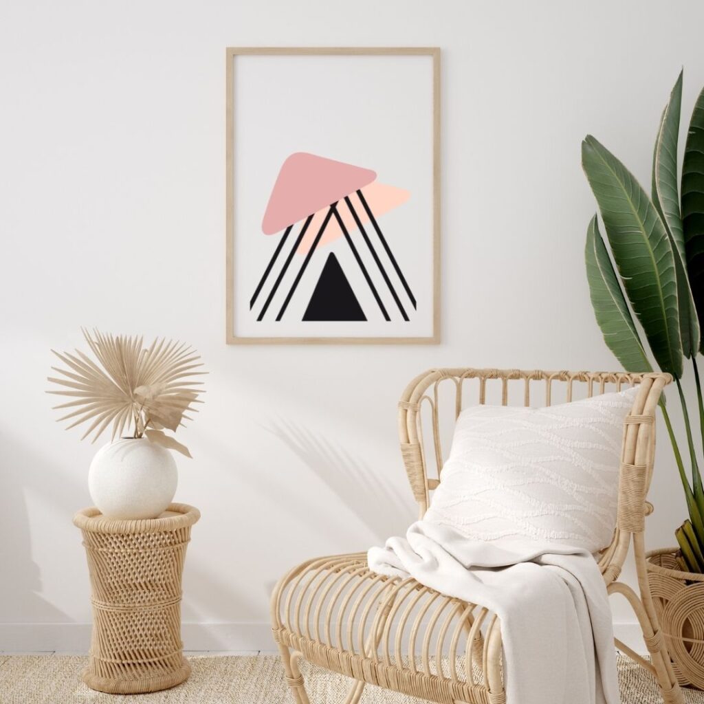 a living room with a modern abstract picture in a frame