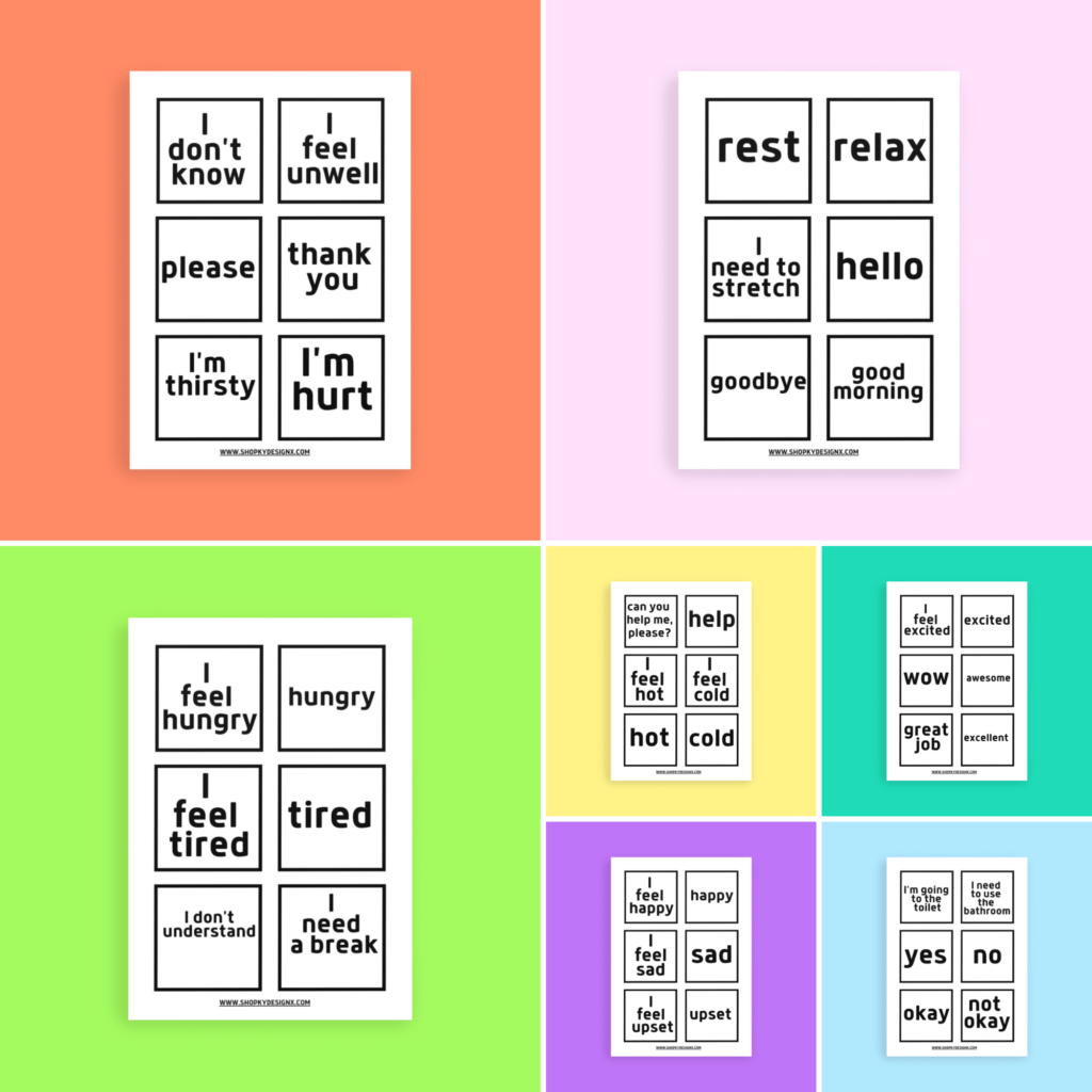 A photo showing the free communication cards on different colored backgrounds