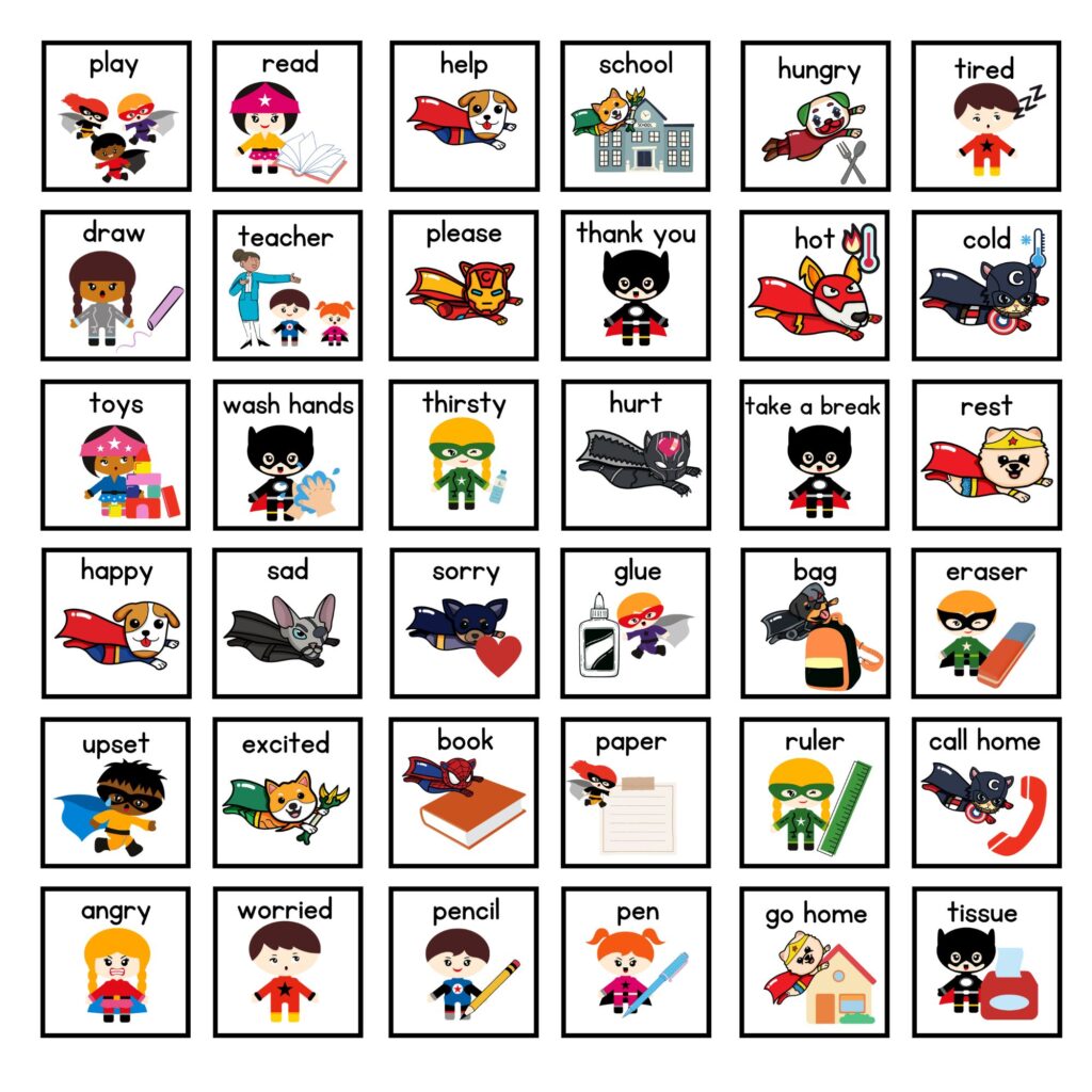 Superhero themed printable communication cards