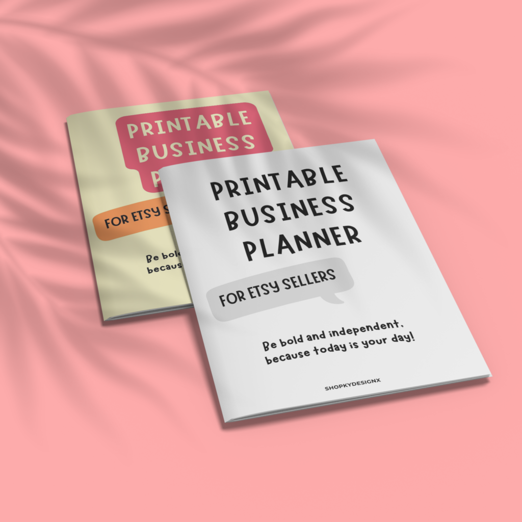 A black and white and colorful copy of the printable business planner on a pink background with a leave shadow