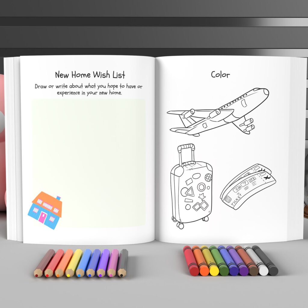 open travel journal for children moving to a new country with some crayons