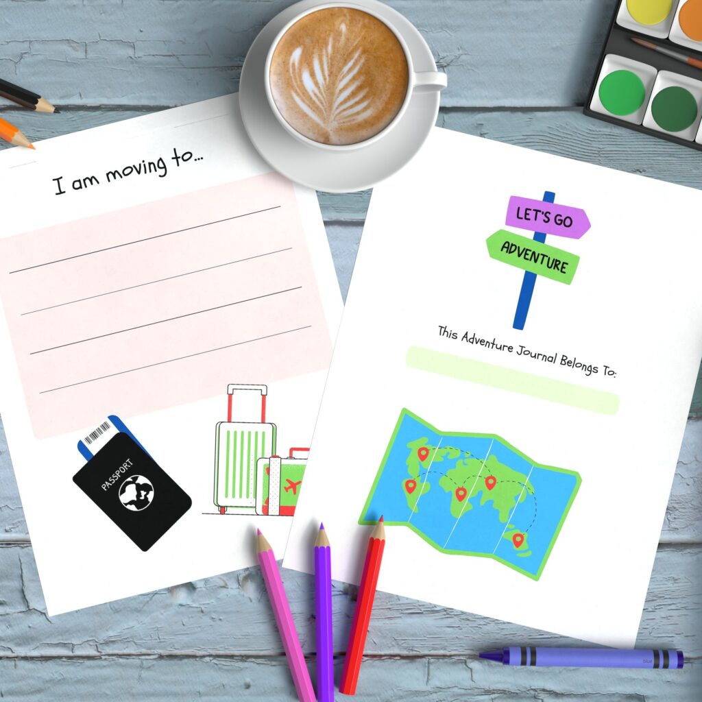 Two moving abroad activity sheets on a wood background with a cup and some coloring pencils