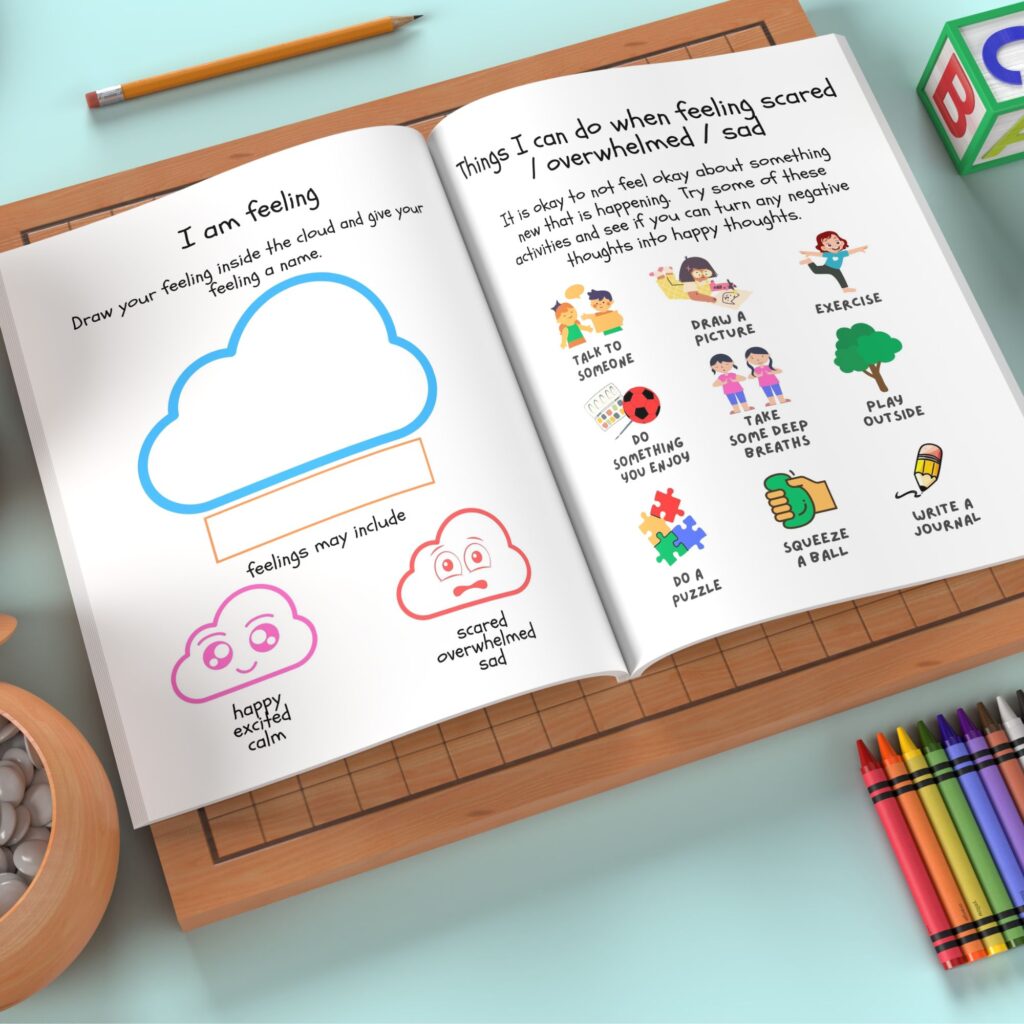 an open printable moving to a new country journal for children with some colored pencils