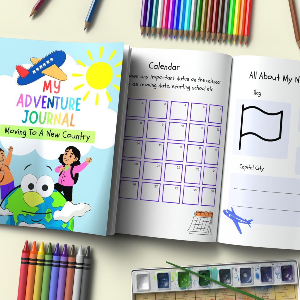 CLOSED PRINTABLE MOVING TO A NEW COUNTRY JOURNAL AND A OPEN COPY SHOWING AN EXAMPLE OF THE WORKSHEETS WITH SOME COLORED PENCILS