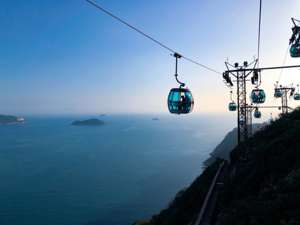 Ocean park cable car over the sea in hong kong
