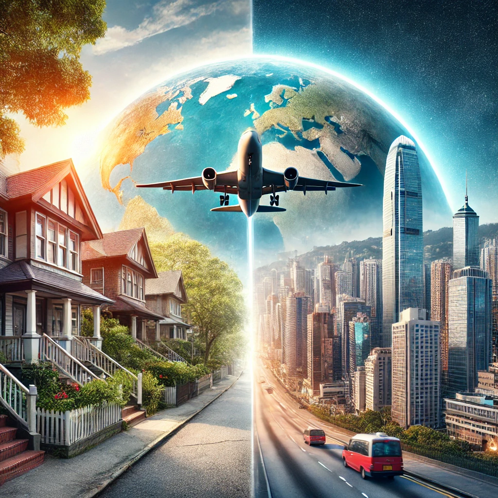 A realistic photo representing the journey of moving abroad. On the left, a suburban house with trees and a quiet neighborhood setting.